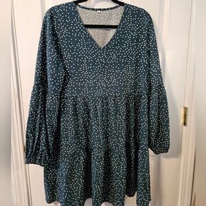 Green With White Polkadots Mini V-neck Dress